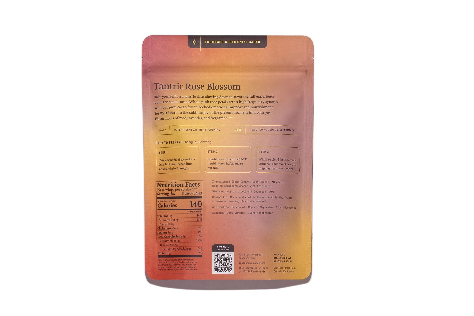 Tantric Cacao - Økologisk seremoniell kakao med rose og damiana 227 gram