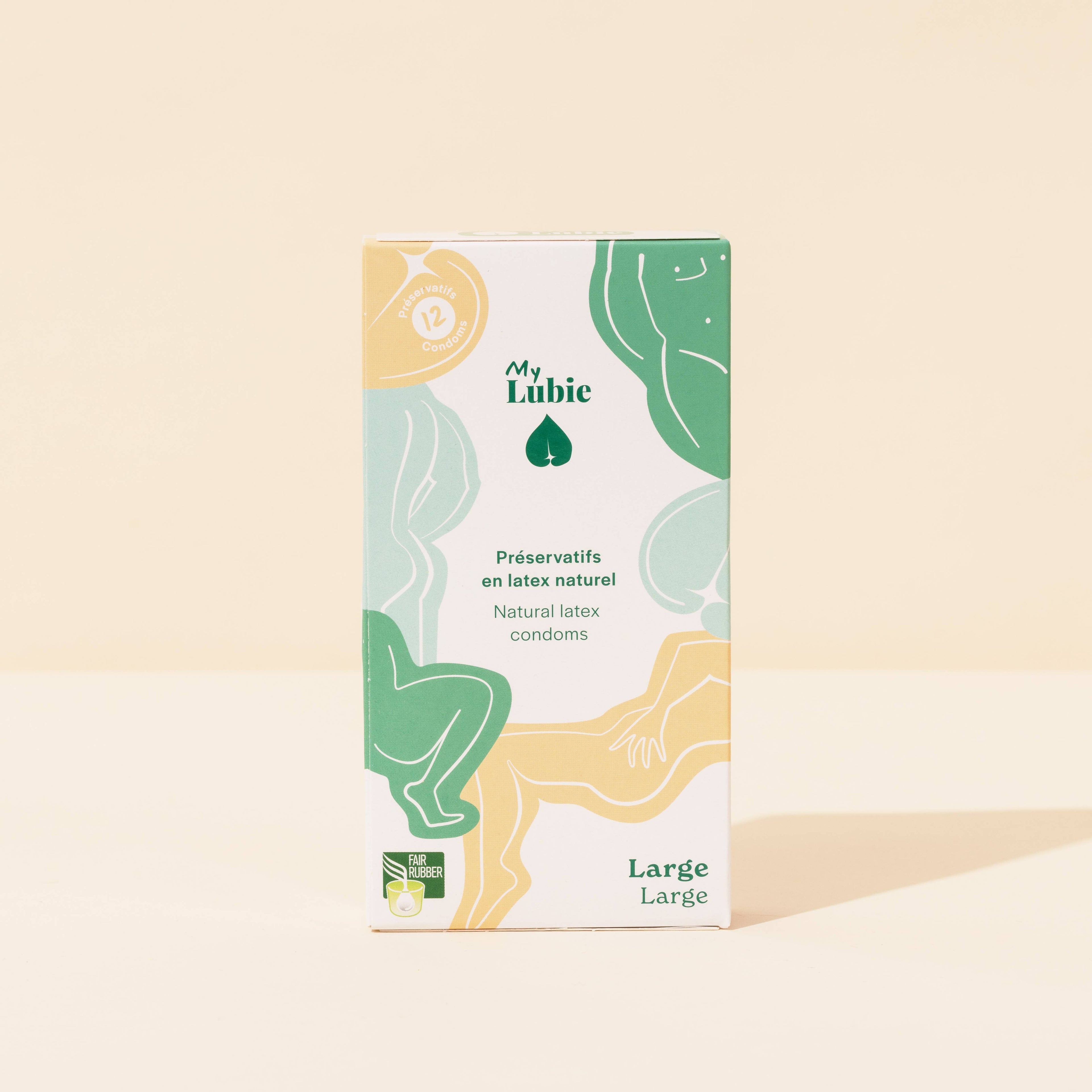 Naturlige og fair trade latekskondomer Large – 57 mm bredde, ultratynne (65 mikron), veganske, Fair Rubber-sertifiserte, etisk produsert i Malaysia.