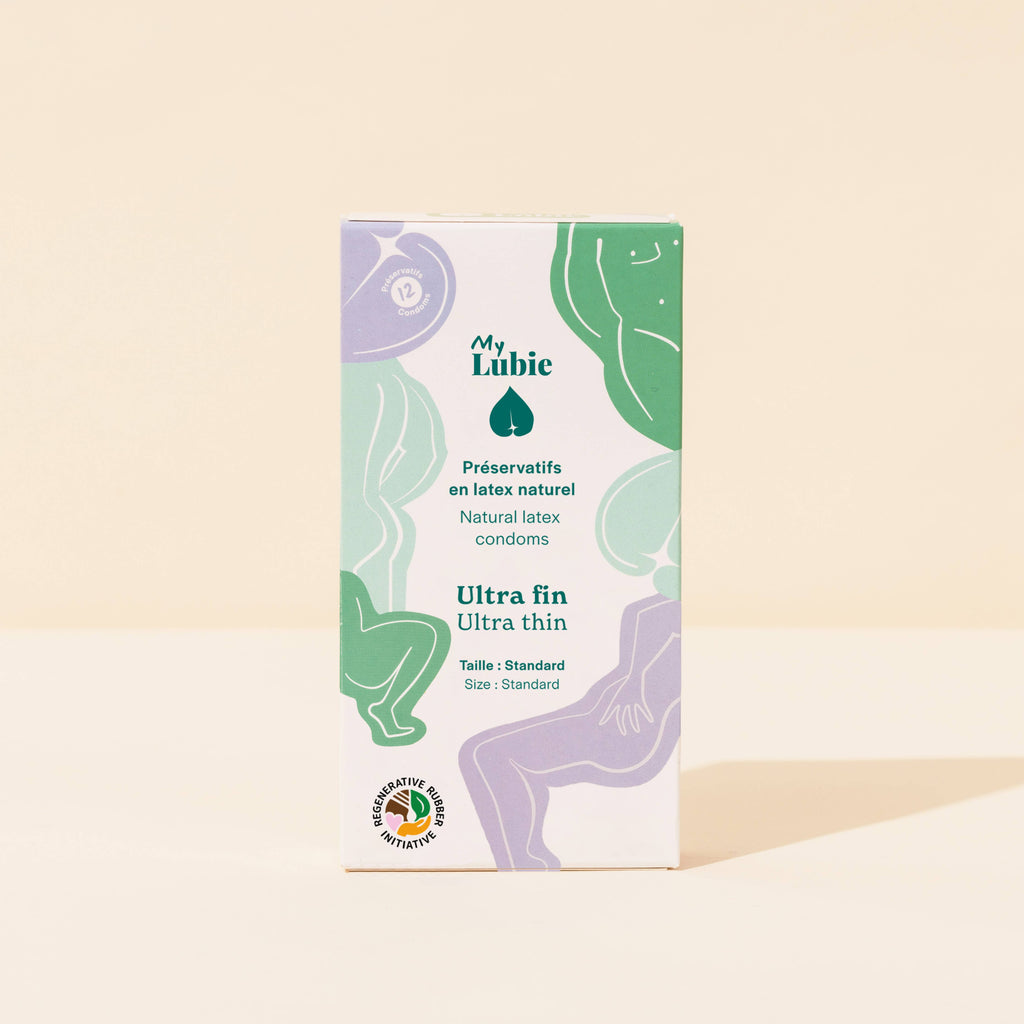 Ultratynne veganske kondomer i naturlig, RRI-sertifisert lateks – 50 µm tynn for økt følsomhet, etisk produsert i Malaysia, standard bredde 53 mm.